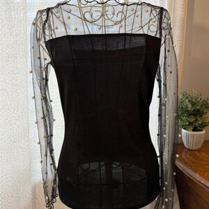 SHEIN Black Top with Sheet Arms and Embellished Pearl Details, NWT S/4